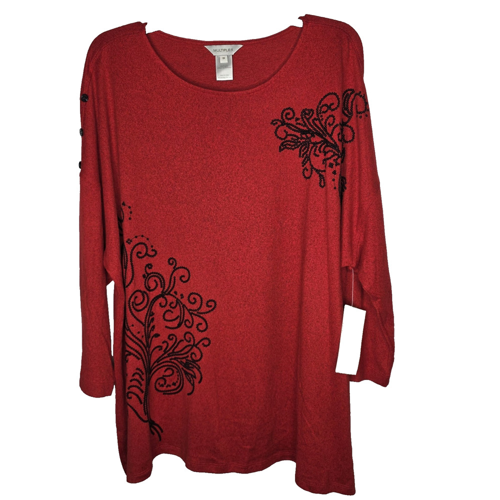 Multiples Womens Size 1X Red Black Scroll Knit Tunic Top Artsy 3/4 Sleeve